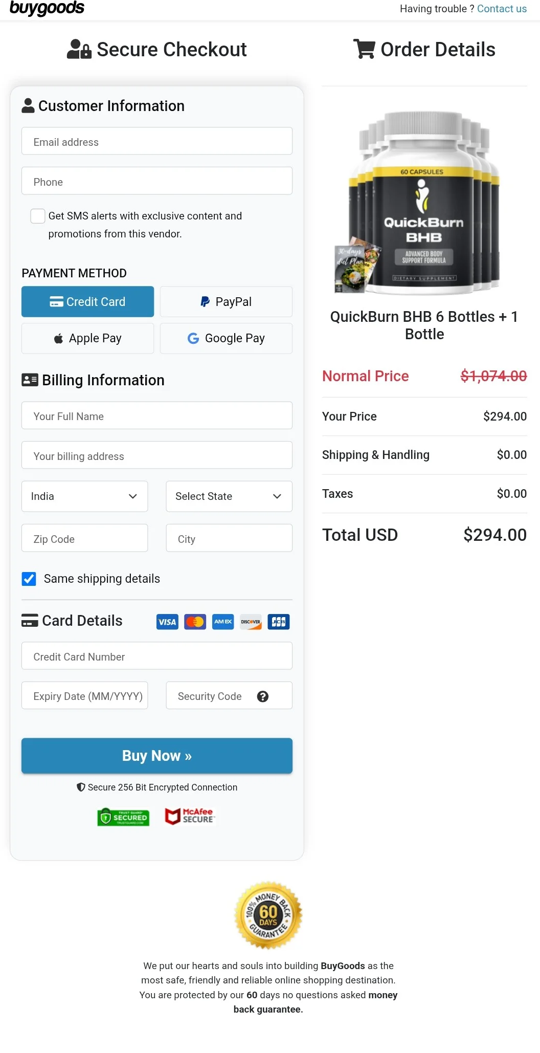 QuickBurn BHB order form